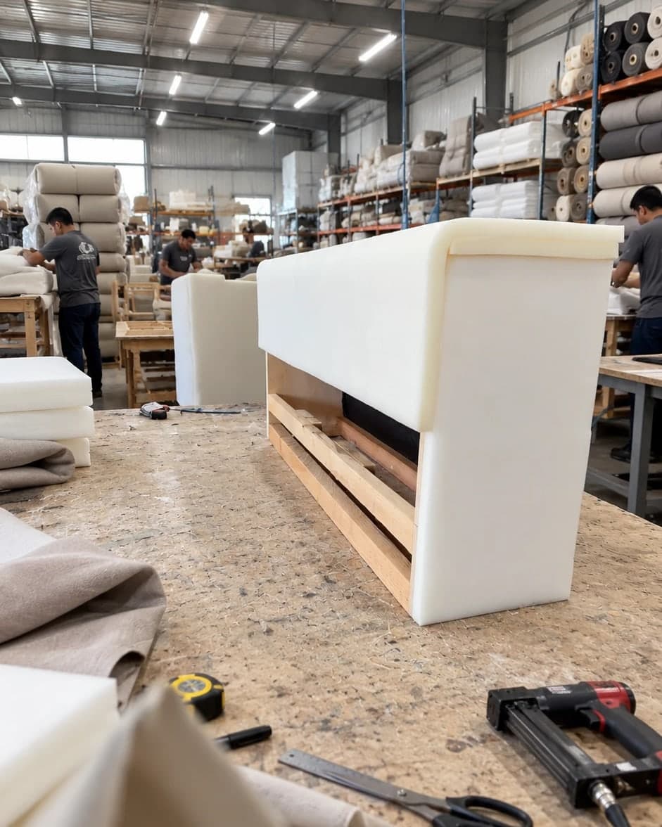 Interior de la fábrica de DIBALEC: estructuras de madera, espuma y rollos de tela